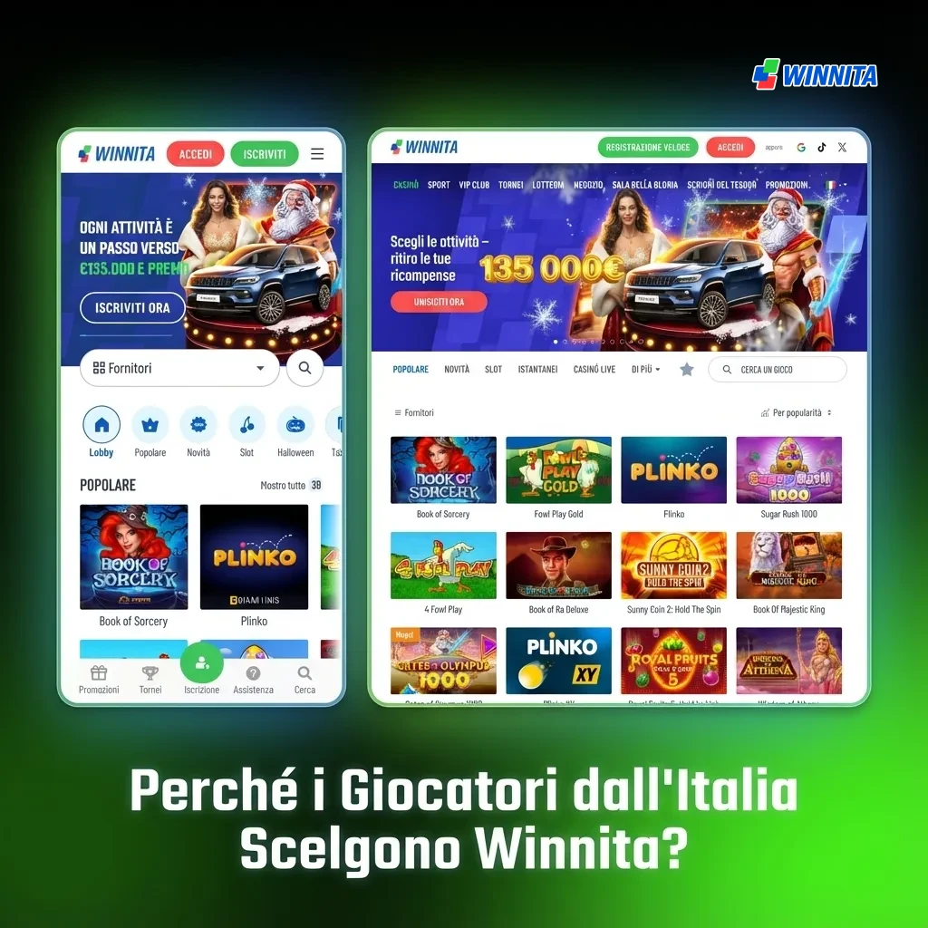 Italian players choosing Winnita casino platform with local payment methods and extensive game library displayed
