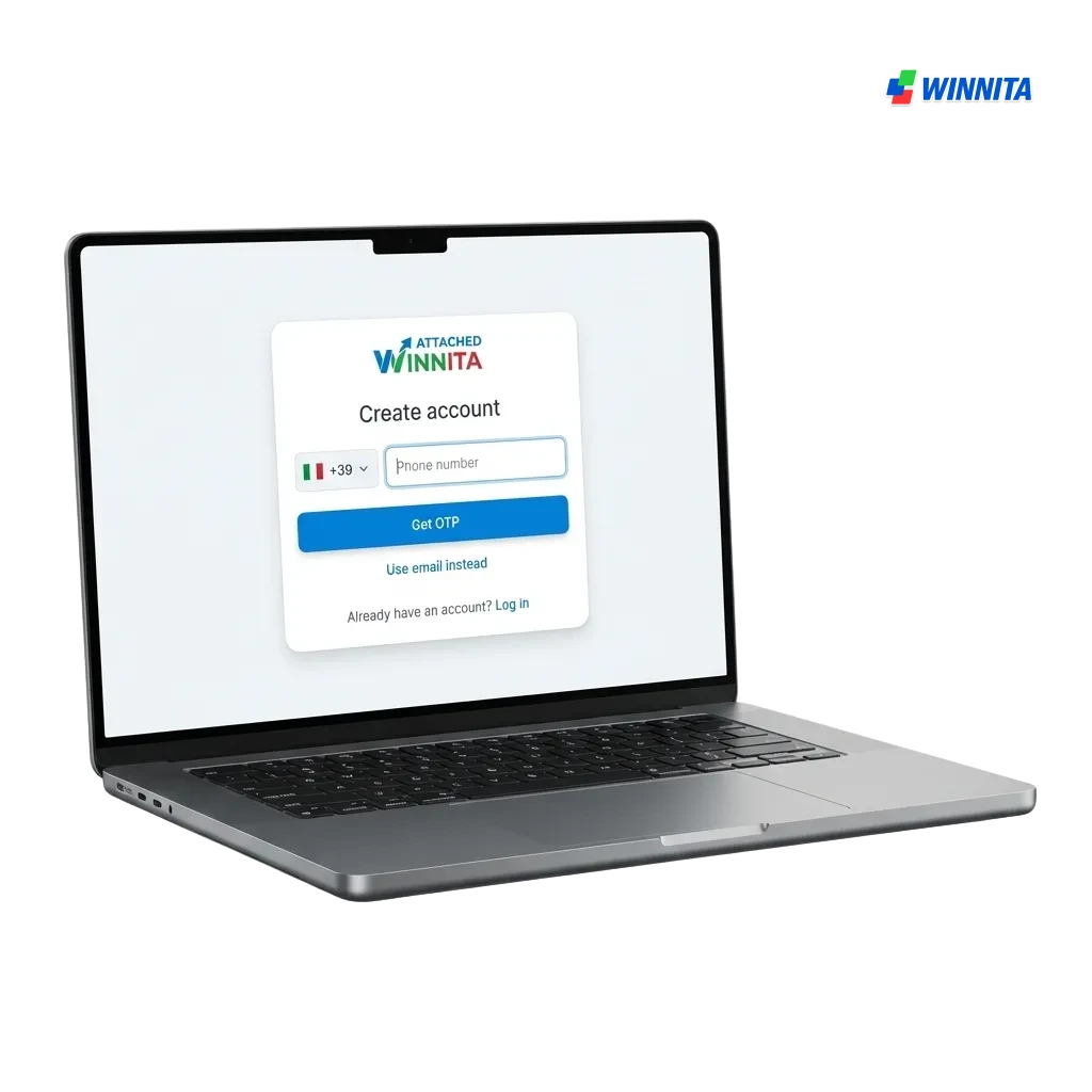 Schermata di registrazione Winnita con opzioni di iscrizione via telefono, email, social media o accesso rapido